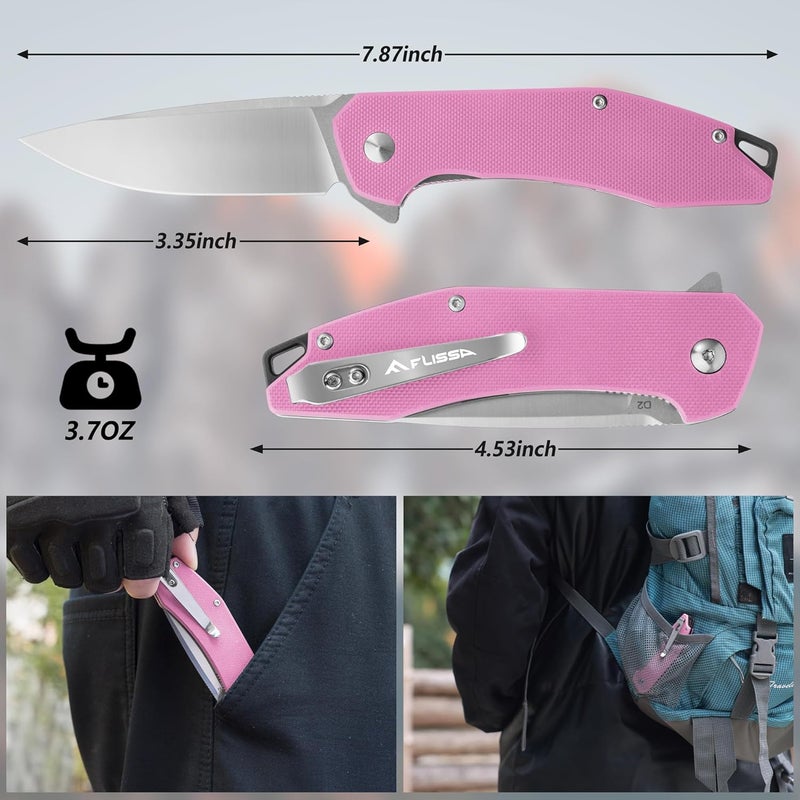 FLISSA Pocket Knife, Folding Tactical Knife with G10 Handle, D2 Blade, Liner Lock, Pocket Clip, EDC Knife for Hiking, Camping, Survival, Indoor and Outdoor Activities(Pink) - Image 5